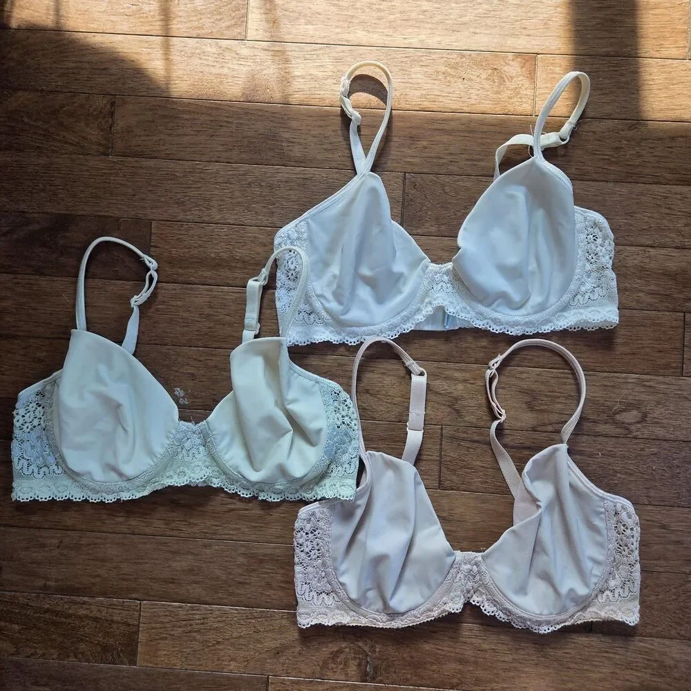 Olga 34D Lot Of 3 Lightly Lined Bras - Nude, White, & Creamish/Green